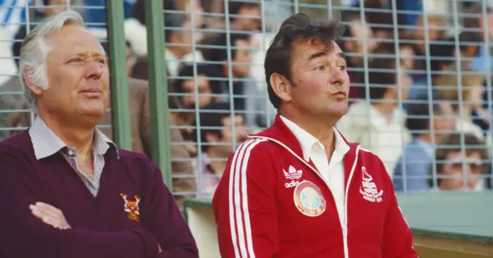 Brian Clough and Peter Taylor watching from the touchline